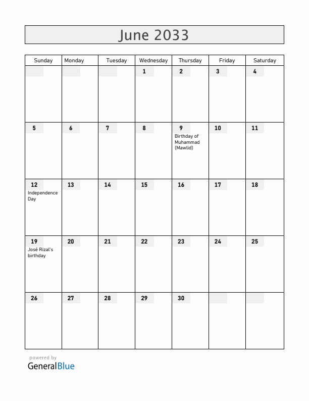 Philippines June 2033 Calendar with Holidays