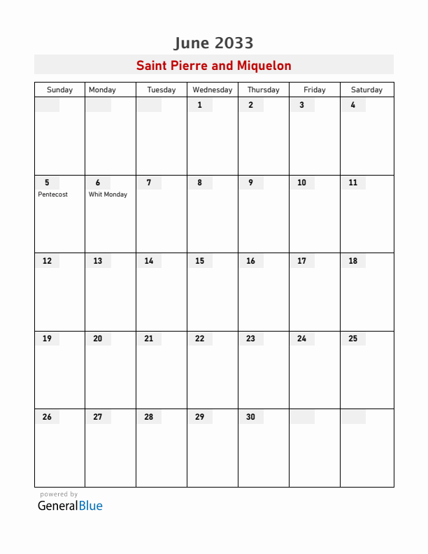 Saint Pierre and Miquelon June 2033 Calendar with Holidays