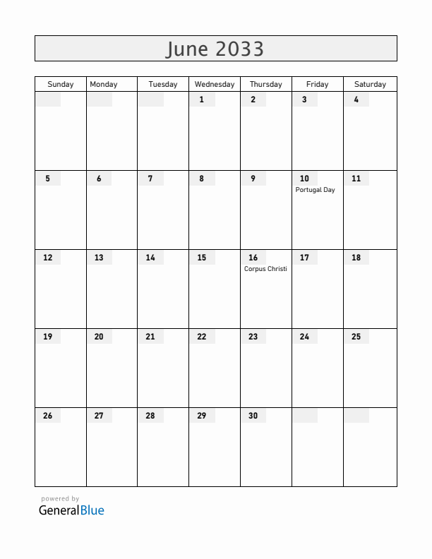 Portugal June 2033 Calendar with Holidays