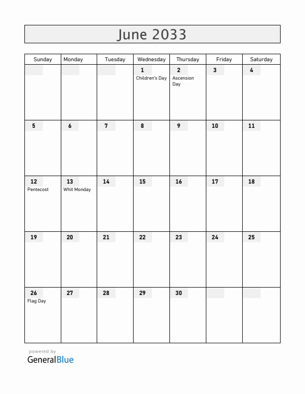 Romania June 2033 Calendar with Holidays