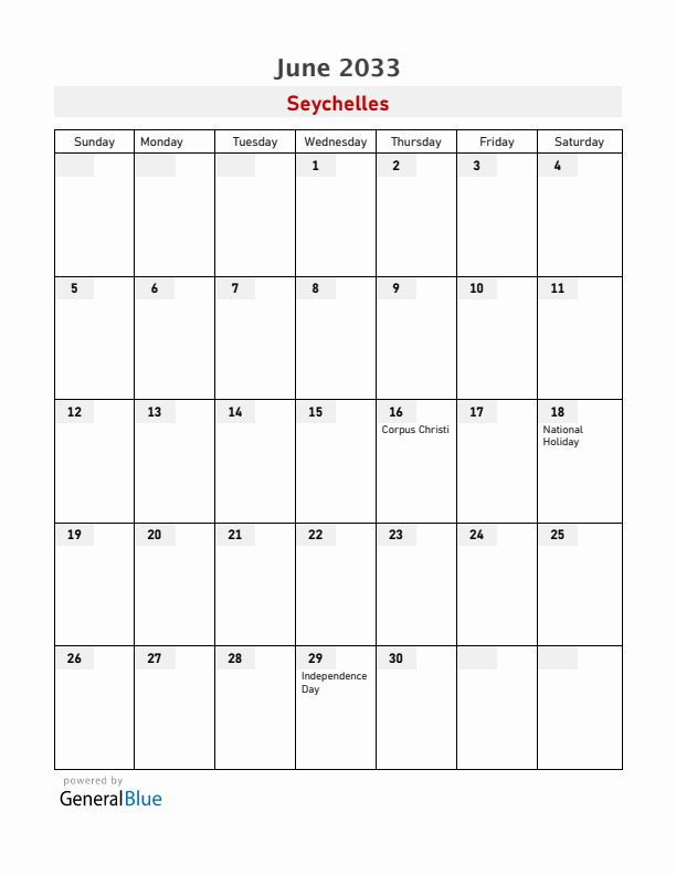 Seychelles June 2033 Calendar with Holidays
