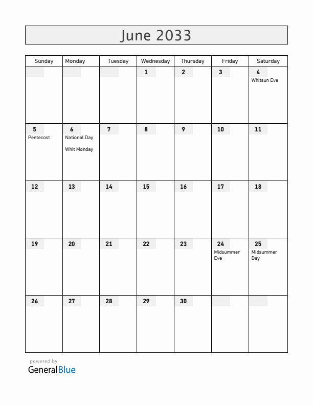 Sweden June 2033 Calendar with Holidays