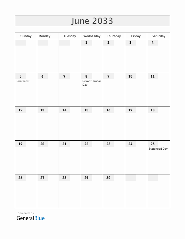 Slovenia June 2033 Calendar with Holidays