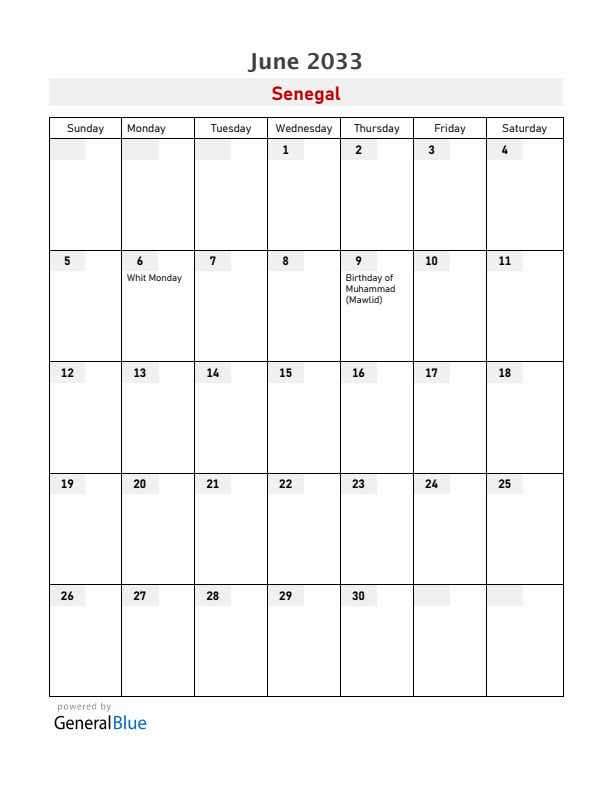 Senegal June 2033 Calendar with Holidays