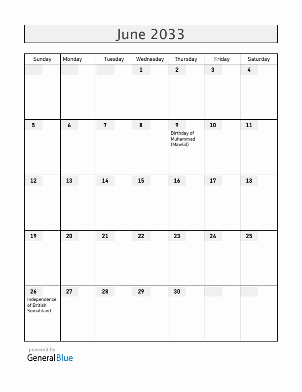 Somalia June 2033 Calendar with Holidays