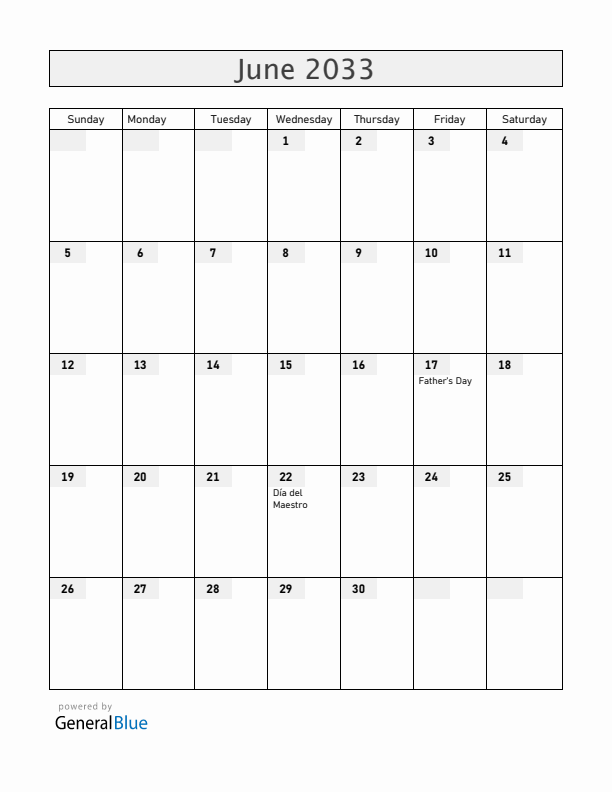 El Salvador June 2033 Calendar with Holidays