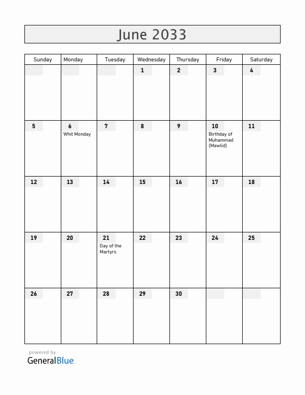 Togo June 2033 Calendar with Holidays