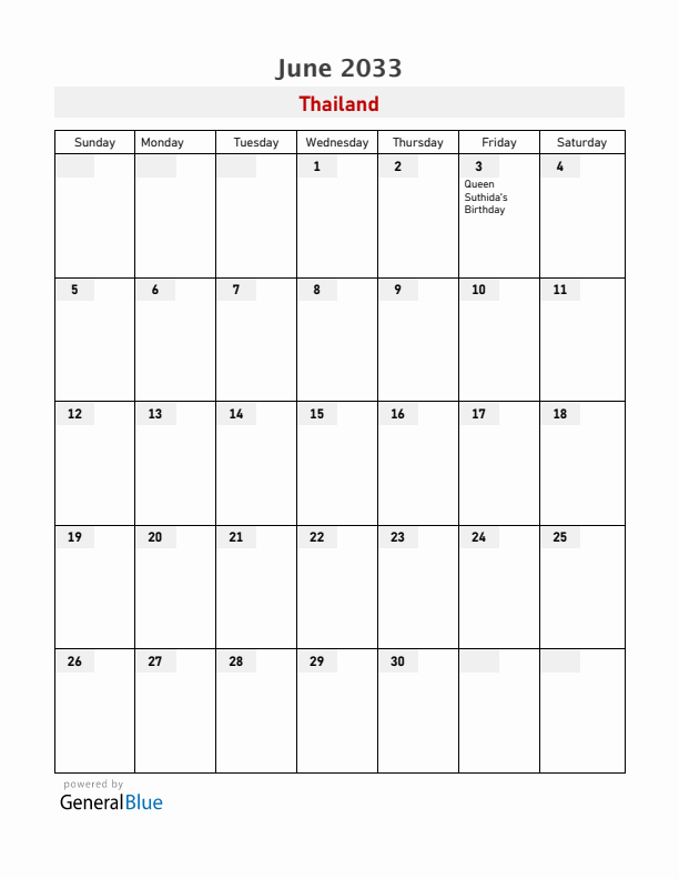 Thailand June 2033 Calendar with Holidays