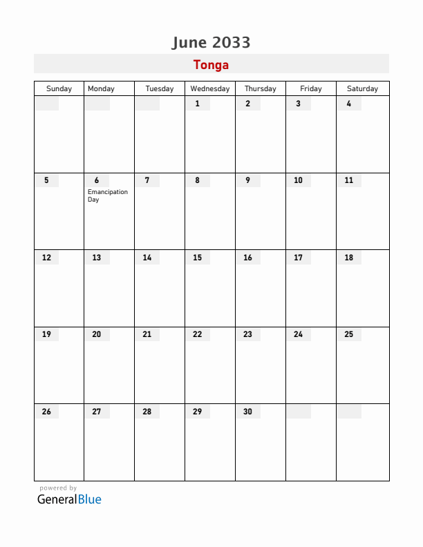 Tonga June 2033 Calendar with Holidays