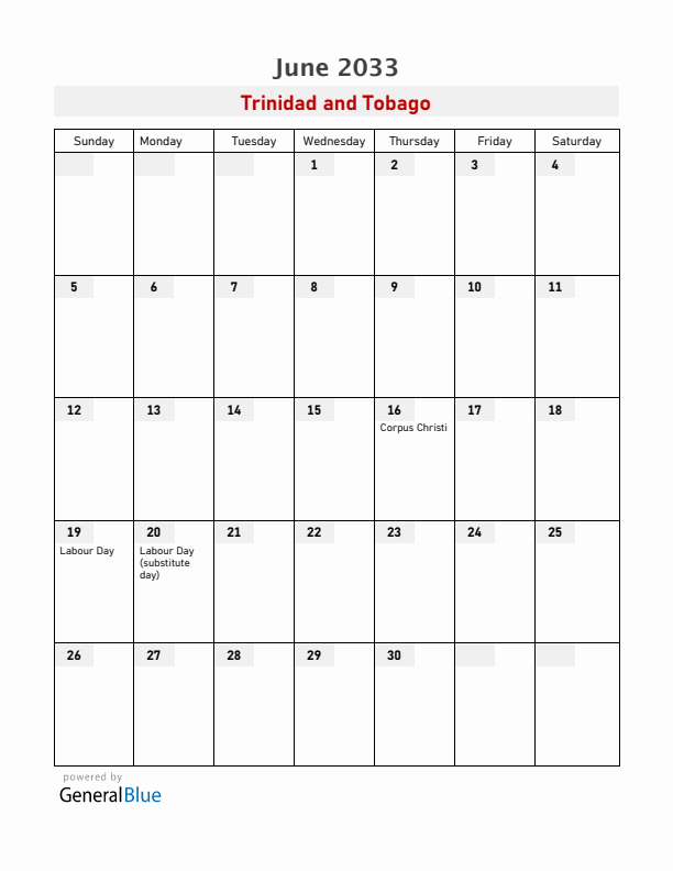 Trinidad and Tobago June 2033 Calendar with Holidays