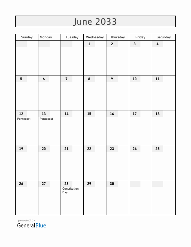 Ukraine June 2033 Calendar with Holidays