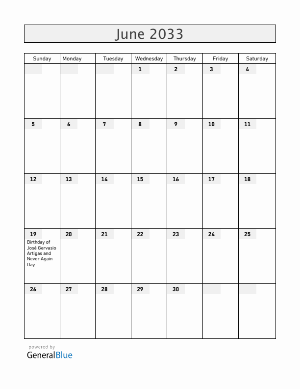 Uruguay June 2033 Calendar with Holidays