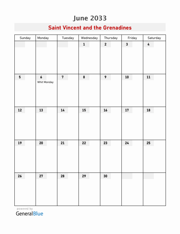 Saint Vincent and the Grenadines June 2033 Calendar with Holidays