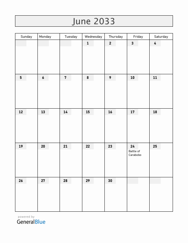 Venezuela June 2033 Calendar with Holidays