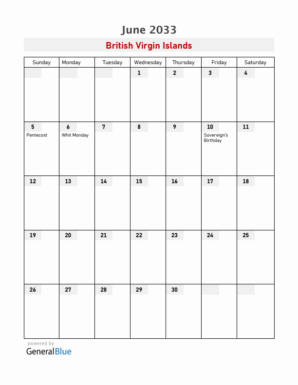 British Virgin Islands June 2033 Calendar with Holidays
