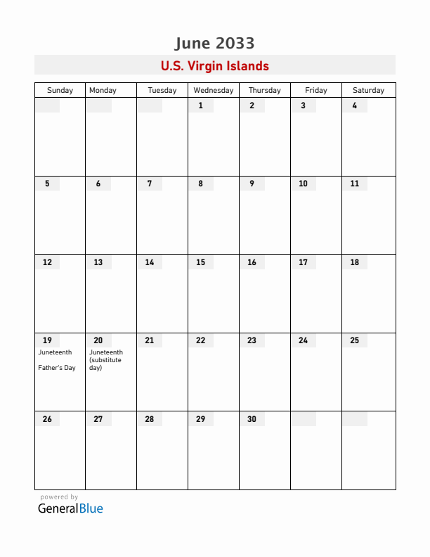U.S. Virgin Islands June 2033 Calendar with Holidays