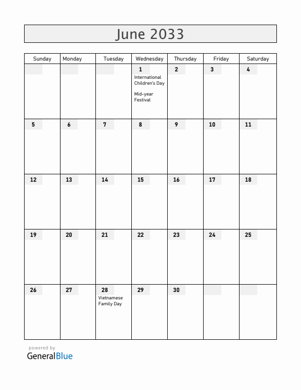 Vietnam June 2033 Calendar with Holidays