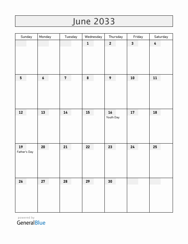 South Africa June 2033 Calendar with Holidays