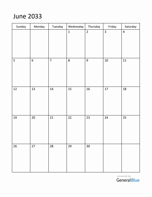 Sunday Start Calendar for June 2033