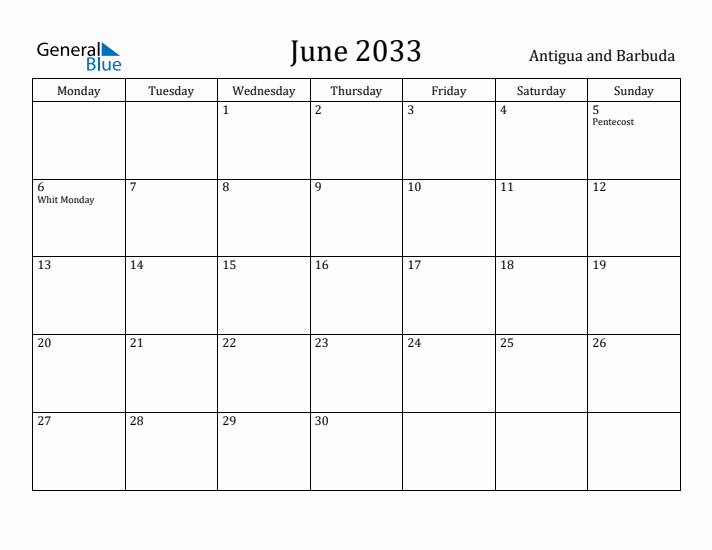 June 2033 Calendar Antigua and Barbuda