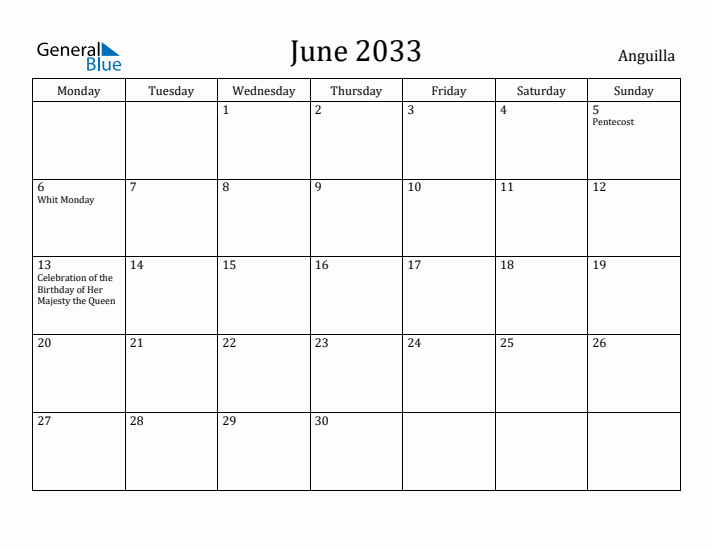 June 2033 Calendar Anguilla