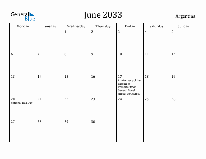 June 2033 Calendar Argentina