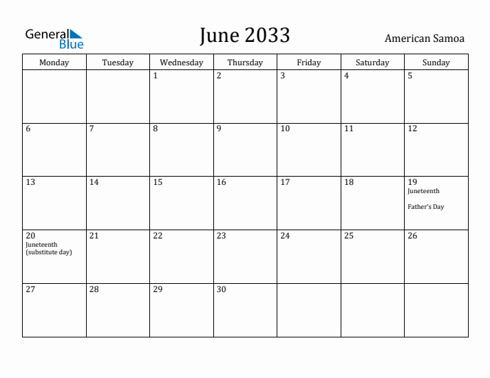 June 2033 Calendar American Samoa