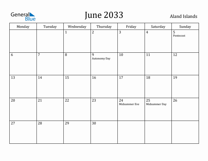 June 2033 Calendar Aland Islands