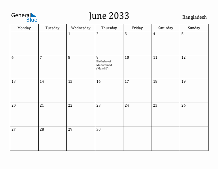 June 2033 Calendar Bangladesh