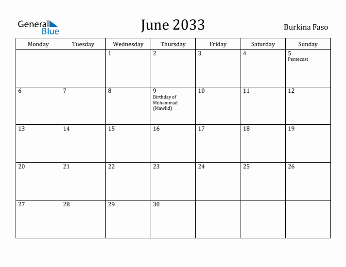 June 2033 Calendar Burkina Faso