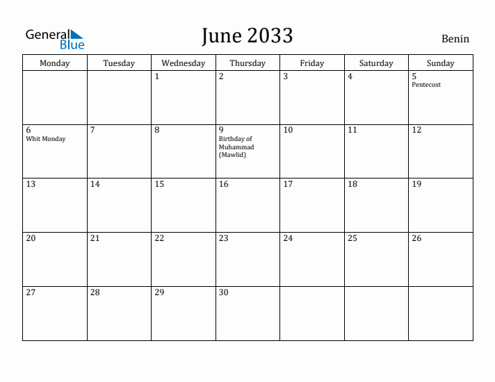 June 2033 Calendar Benin
