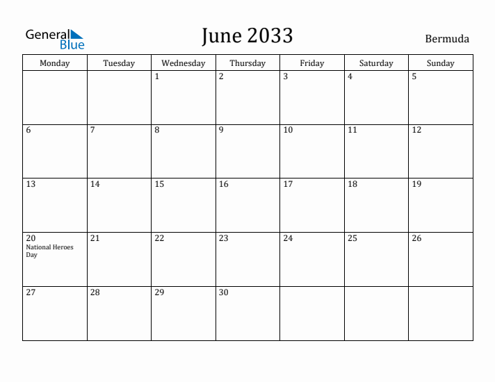June 2033 Calendar Bermuda