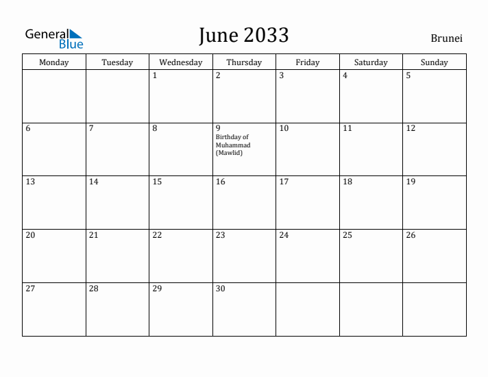 June 2033 Calendar Brunei