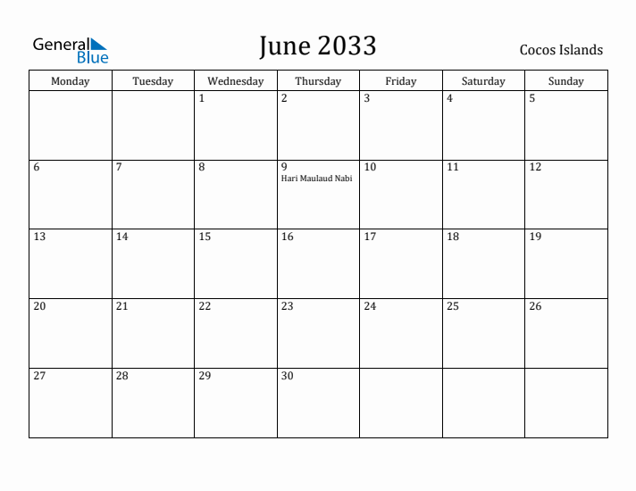 June 2033 Calendar Cocos Islands