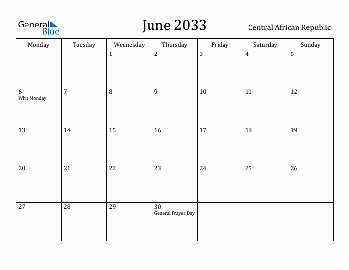 June 2033 Calendar Central African Republic
