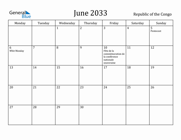 June 2033 Calendar Republic of the Congo