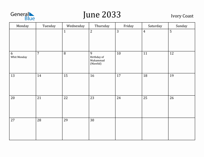 June 2033 Calendar Ivory Coast