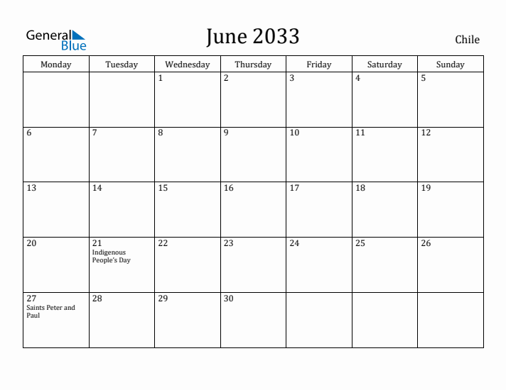 June 2033 Calendar Chile