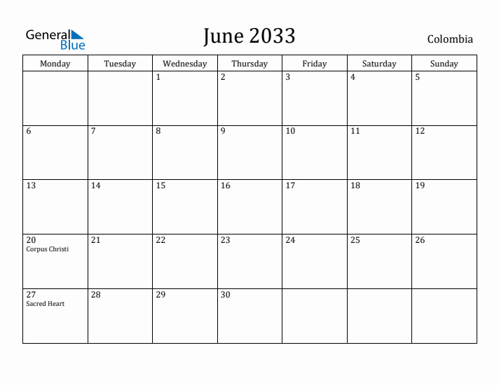June 2033 Calendar Colombia