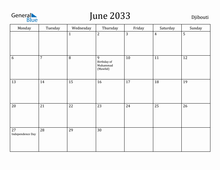 June 2033 Calendar Djibouti