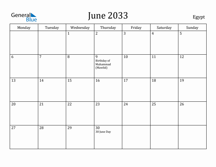 June 2033 Calendar Egypt