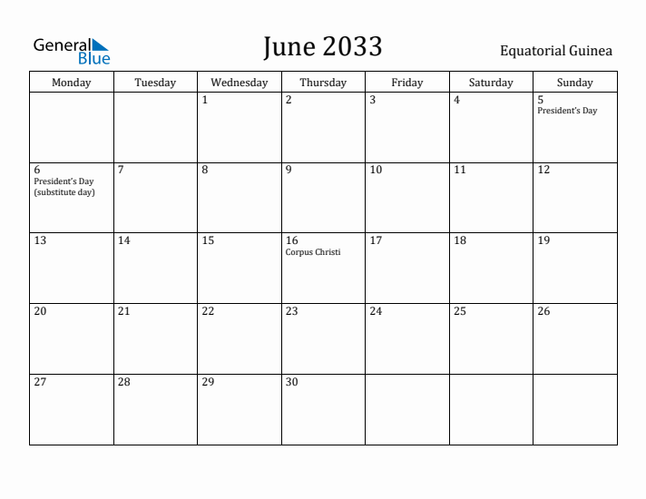 June 2033 Calendar Equatorial Guinea