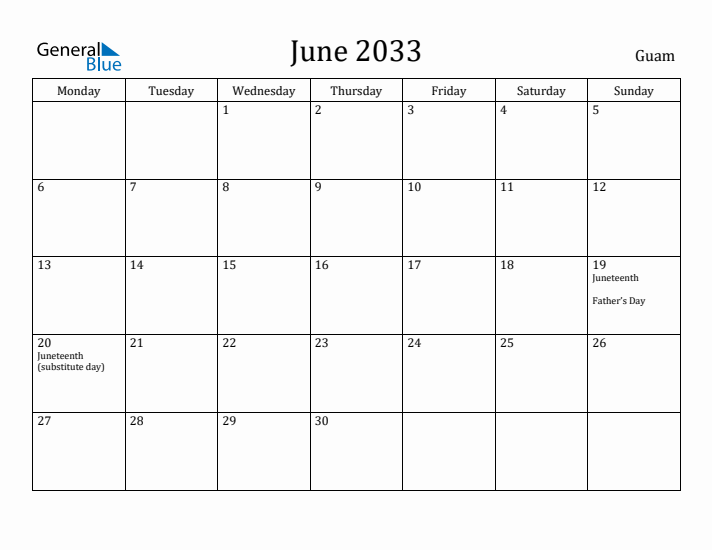 June 2033 Calendar Guam