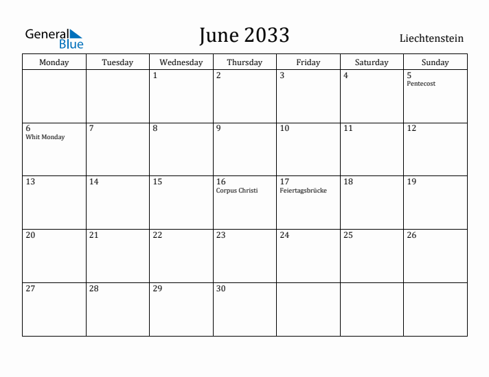 June 2033 Calendar Liechtenstein