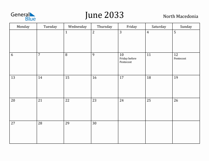 June 2033 Calendar North Macedonia
