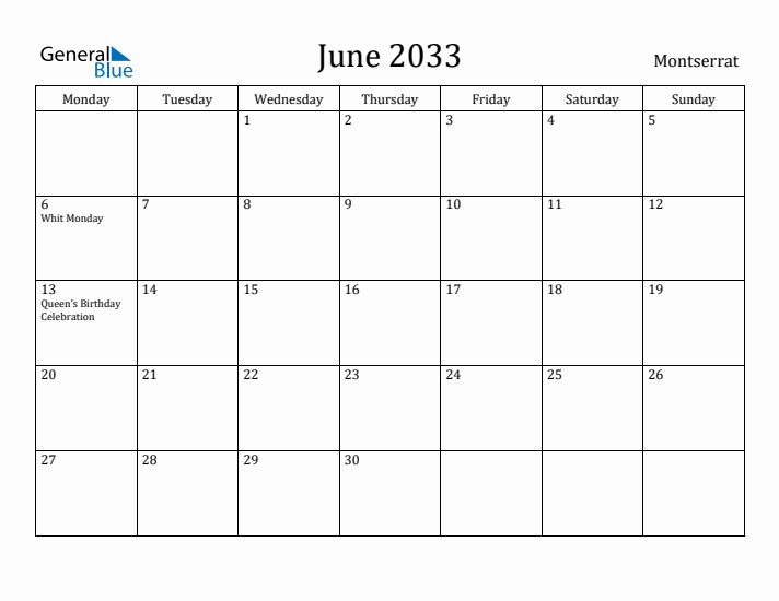 June 2033 Calendar Montserrat