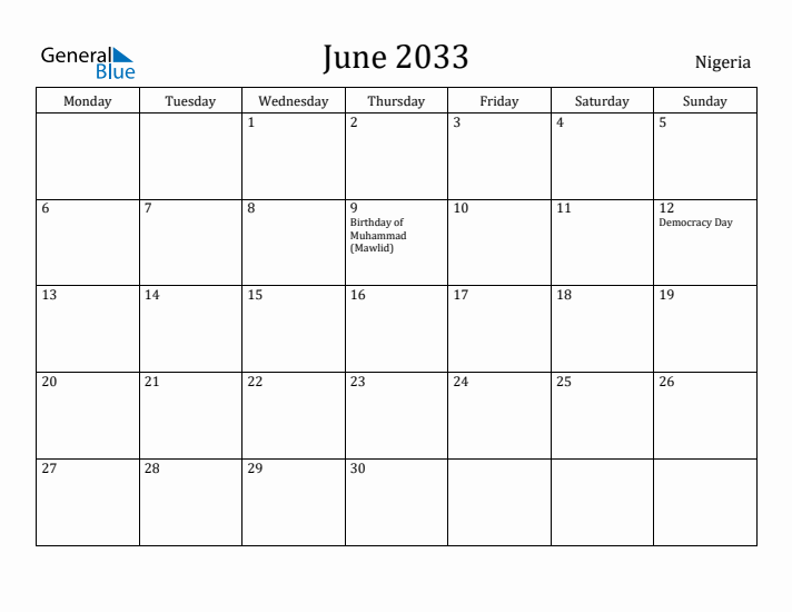 June 2033 Calendar Nigeria