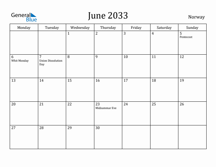 June 2033 Calendar Norway