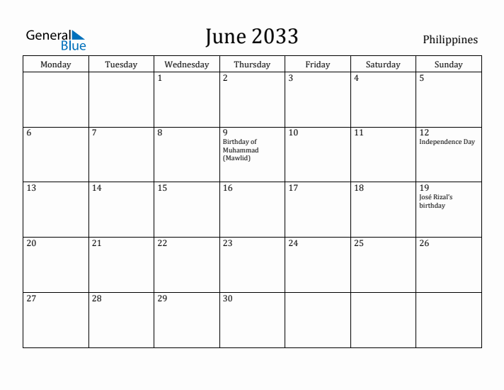 June 2033 Calendar Philippines