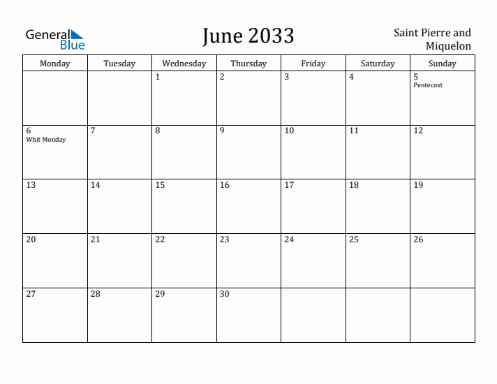 June 2033 Calendar Saint Pierre and Miquelon